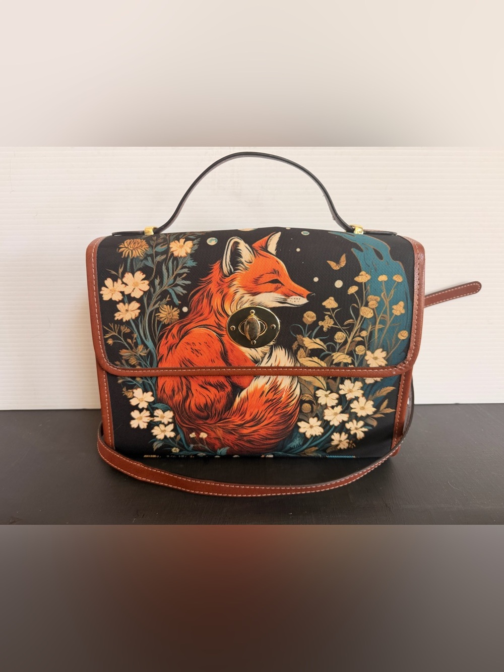 Vegan Leather Retro Fox Print Crossbody Satchel - Black & Orange Floral Design